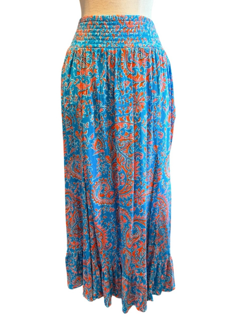 East 5th Boho Paisley Maxi Skirt Large Blue Orange Smocked Waist Festival Skirt